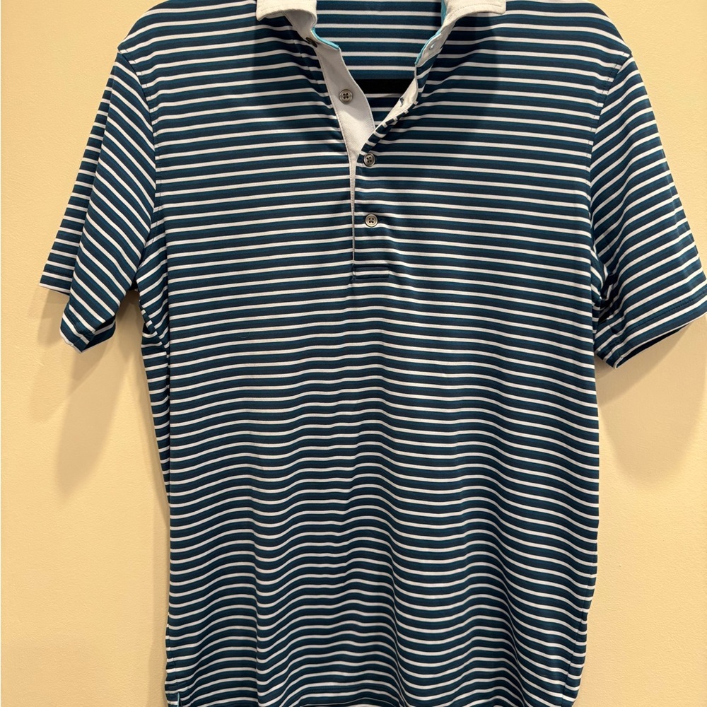 Greyson Navy, Teal, and Light Blue Striped Polo Men’s Small